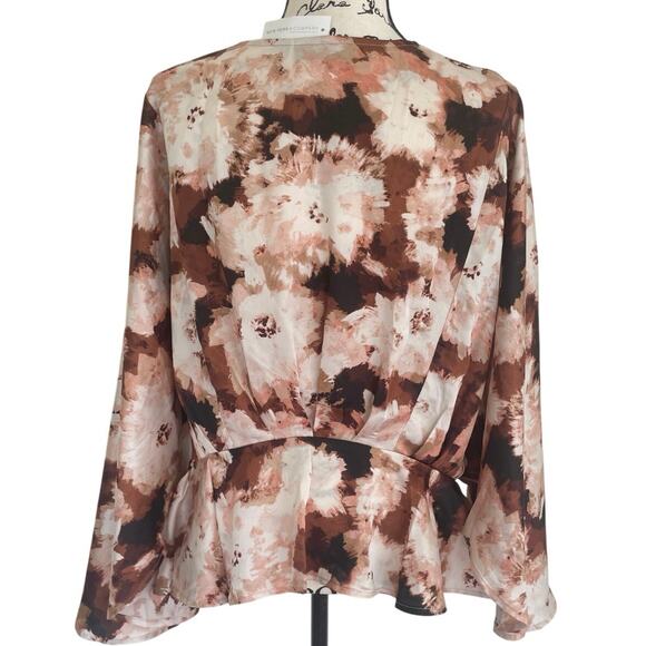 NY & Co. BLOUSE BATWING SLEEVES BROWN CREAM SZ XXL V NECK RUFFLE AESTHETIC CORE - Picture 15 of 16